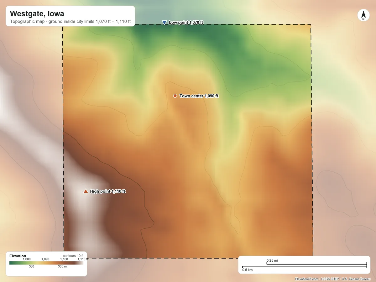 Topographic elevation map of Westgate, Iowa, shaded from 1,070 ft on the north side to 1,110 ft on the southwest side