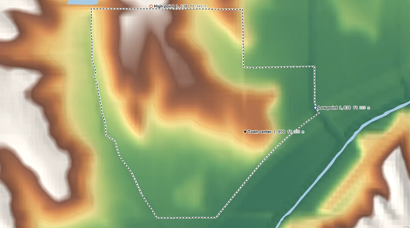 Topographic elevation map of Weston, Iowa, shaded from 1,030 ft on the east side to 1,130 ft on the northwest side