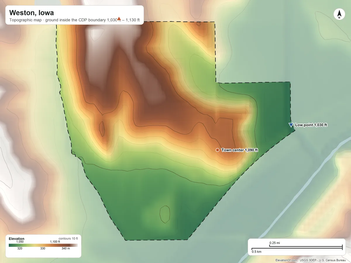 Topographic elevation map of Weston, Iowa, shaded from 1,030 ft on the east side to 1,130 ft on the northwest side