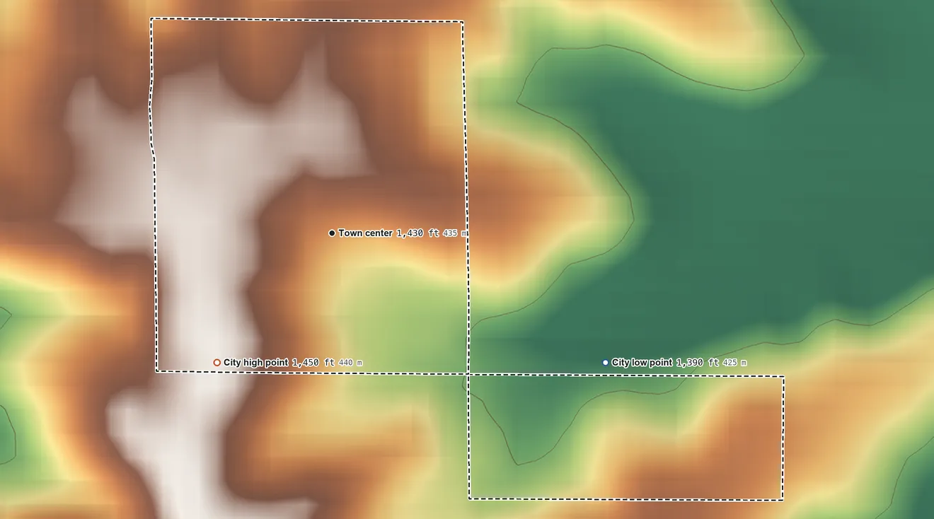 Topographic elevation map of Westphalia, Iowa, shaded from 1,390 ft on the southeast side to 1,450 ft on the southwest side
