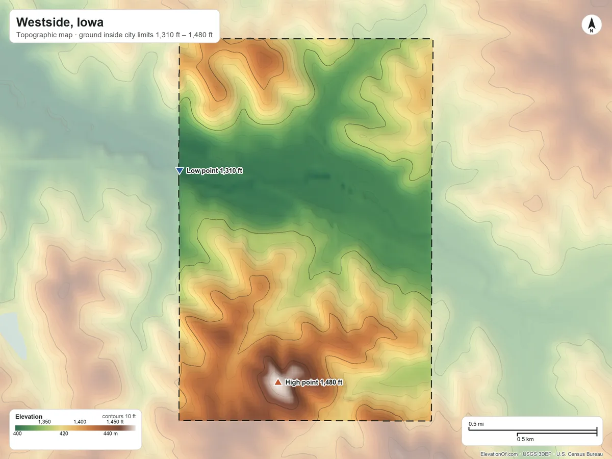 Topographic elevation map of Westside, Iowa, shaded from 1,310 ft on the northwest side to 1,480 ft on the southwest side