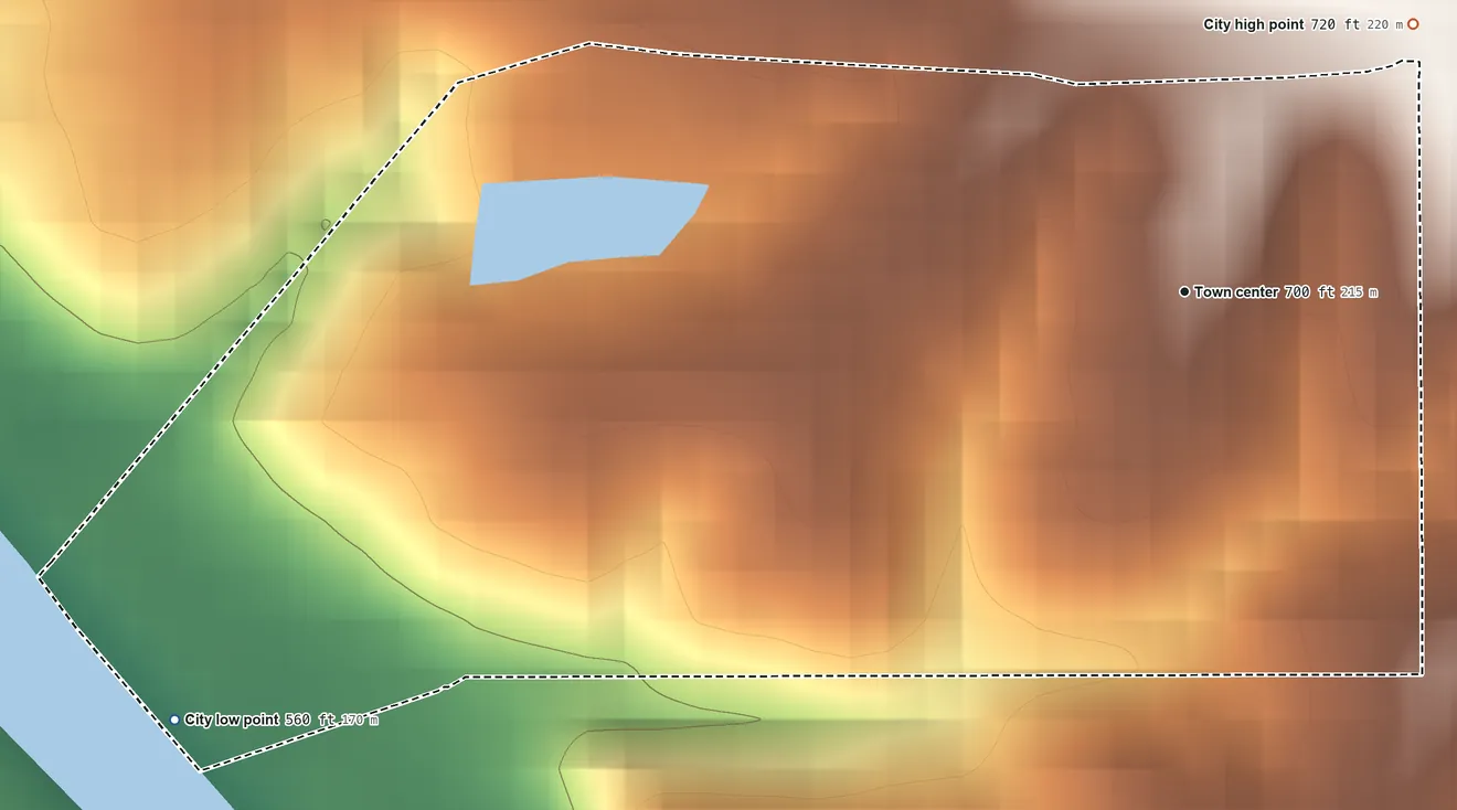 Topographic elevation map of Westwood, Iowa, shaded from 560 ft on the southwest side to 720 ft on the northeast side