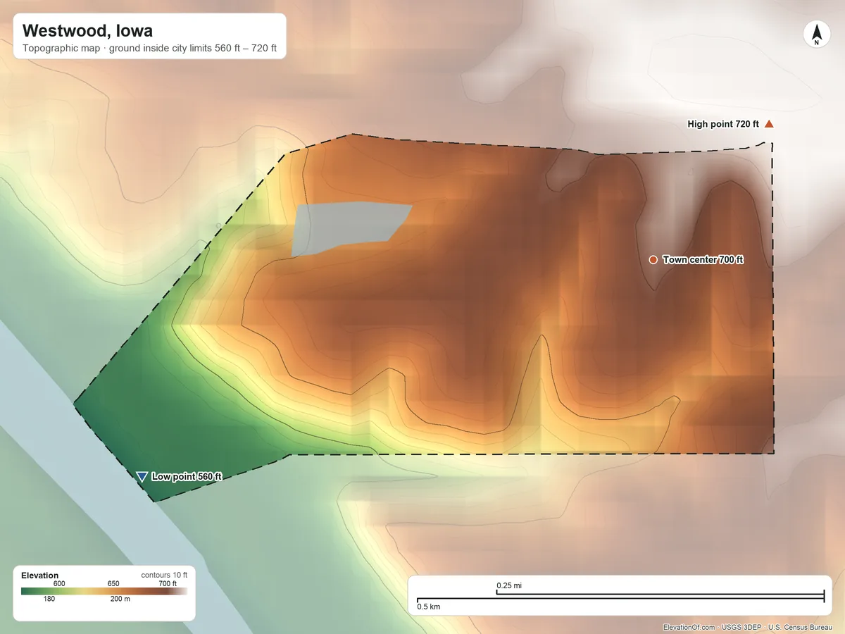 Topographic elevation map of Westwood, Iowa, shaded from 560 ft on the southwest side to 720 ft on the northeast side
