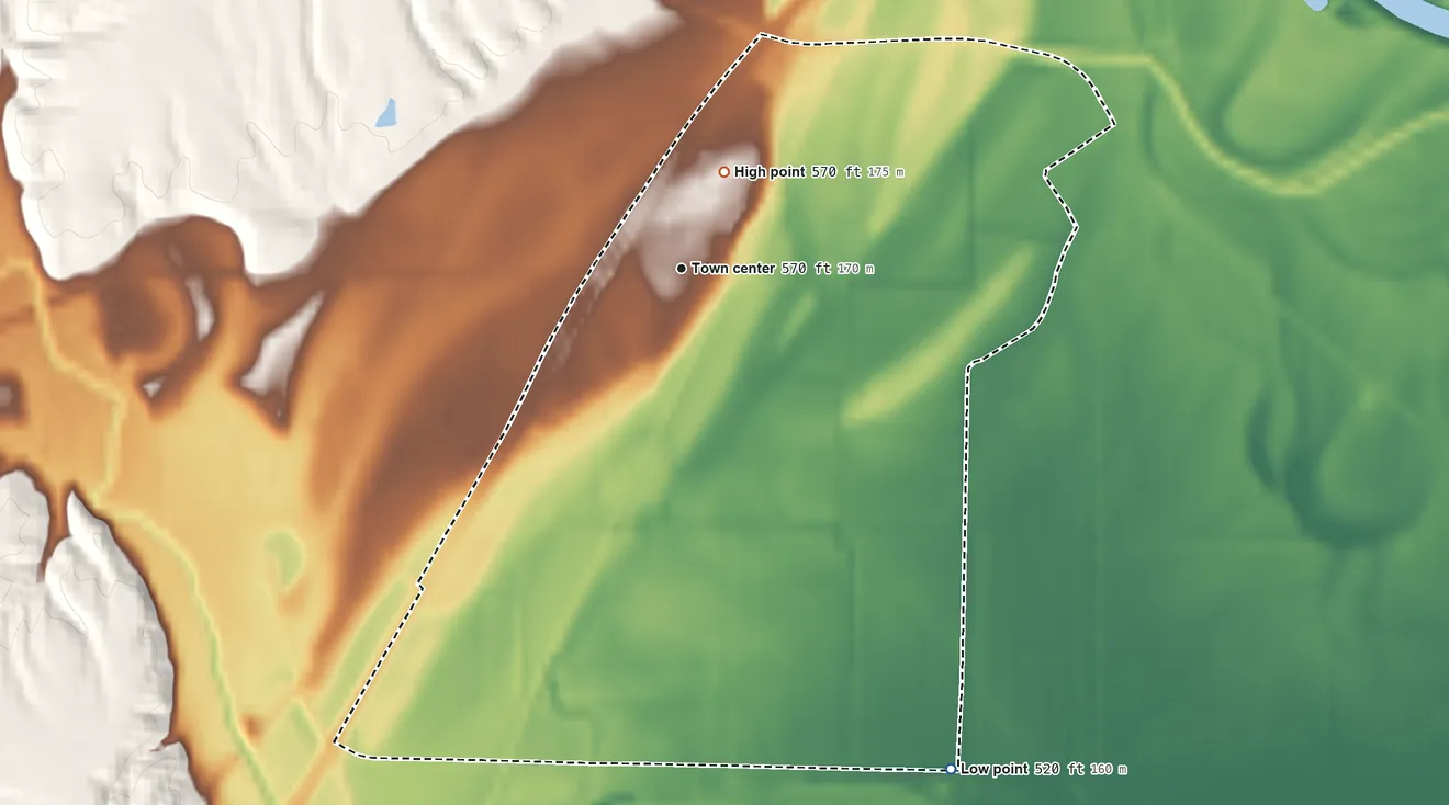 Topographic elevation map of Wever, Iowa, shaded from 520 ft on the southeast side to 570 ft near the middle