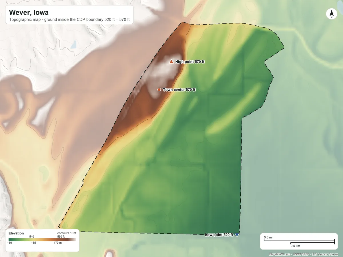 Topographic elevation map of Wever, Iowa, shaded from 520 ft on the southeast side to 570 ft near the middle