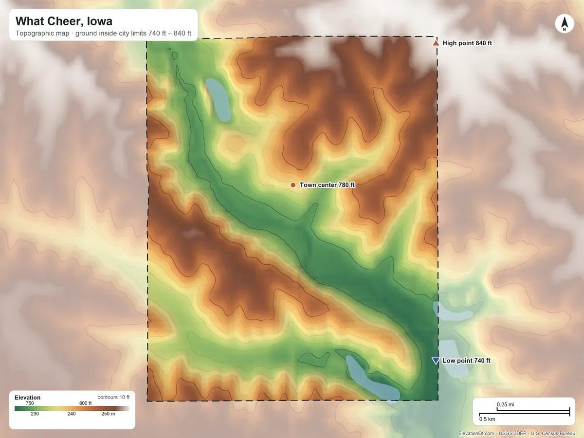 Topographic elevation map of What Cheer, Iowa, shaded from 740 ft on the southeast side to 840 ft on the northeast side