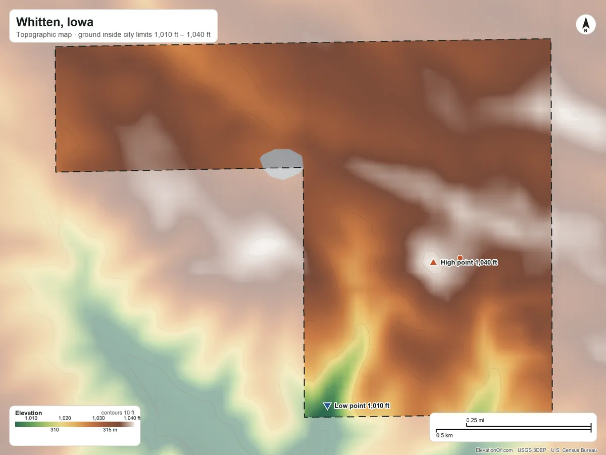 Topographic elevation map of Whitten, Iowa, shaded from 1,010 ft on the southwest side to 1,040 ft near the middle