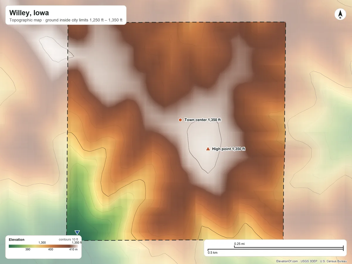 Topographic elevation map of Willey, Iowa, shaded from 1,250 ft on the southwest side to 1,350 ft on the southeast side