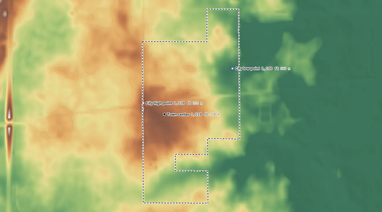 Topographic elevation map of Williams, Iowa, shaded from 1,180 ft on the northeast side to 1,220 ft on the northwest side