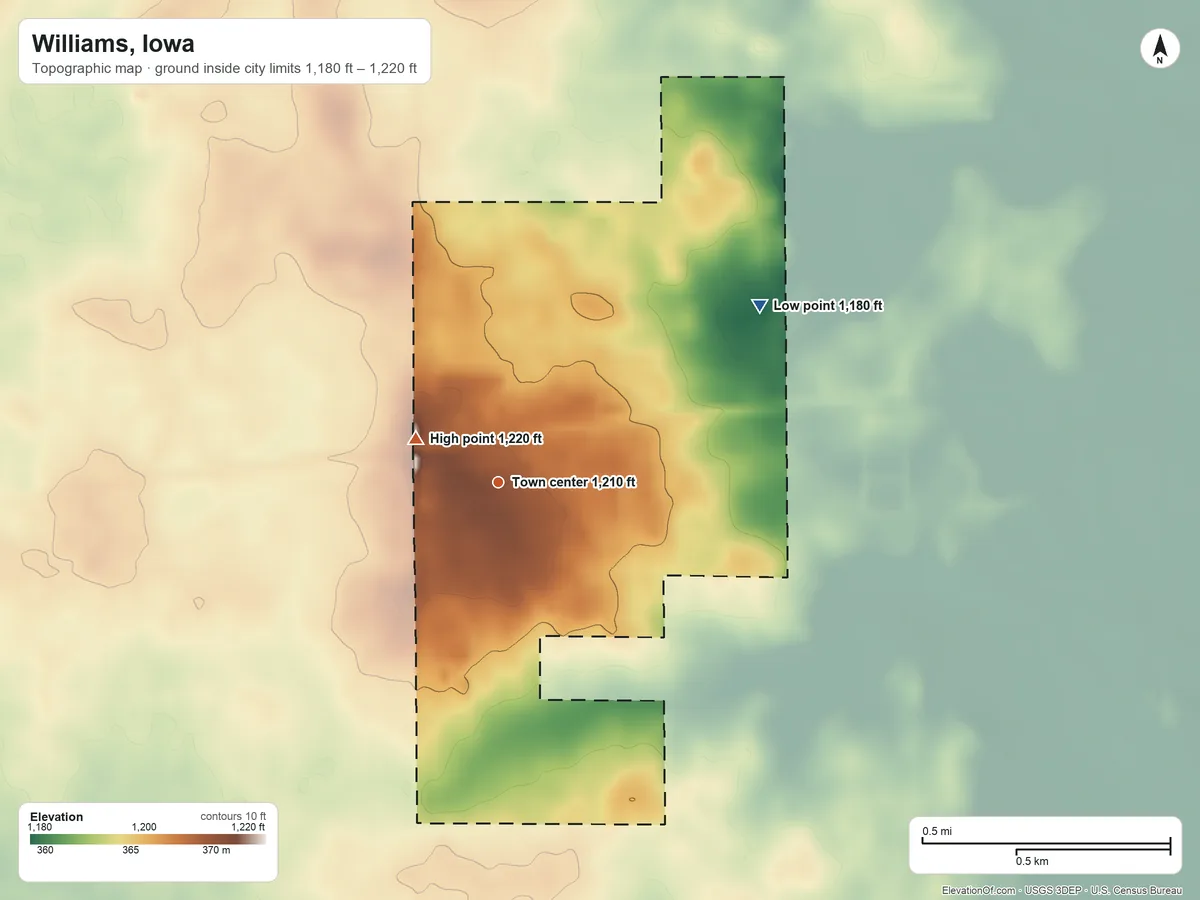 Topographic elevation map of Williams, Iowa, shaded from 1,180 ft on the northeast side to 1,220 ft on the northwest side
