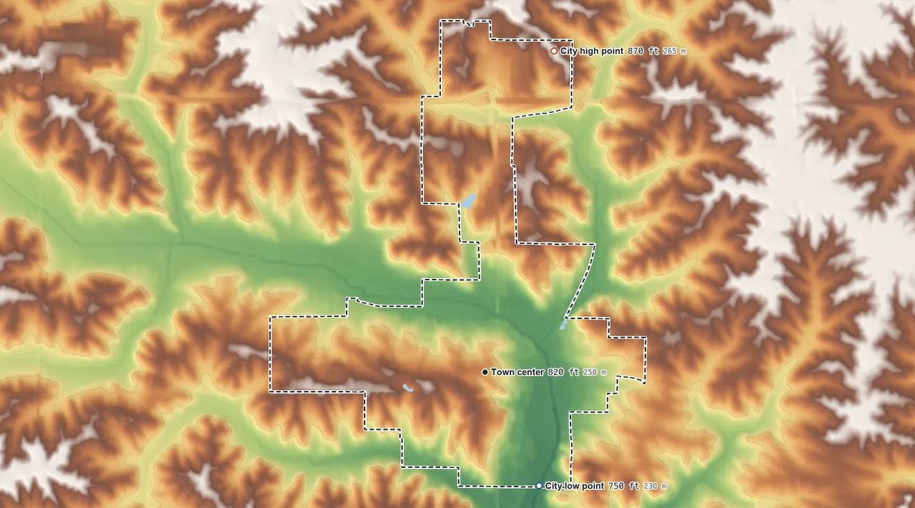 Topographic elevation map of Williamsburg, Iowa, shaded from 750 ft on the southeast side to 870 ft on the north side