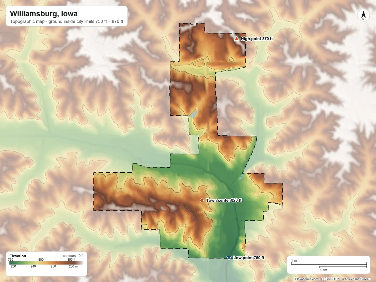 Topographic elevation map of Williamsburg, Iowa, shaded from 750 ft on the southeast side to 870 ft on the north side