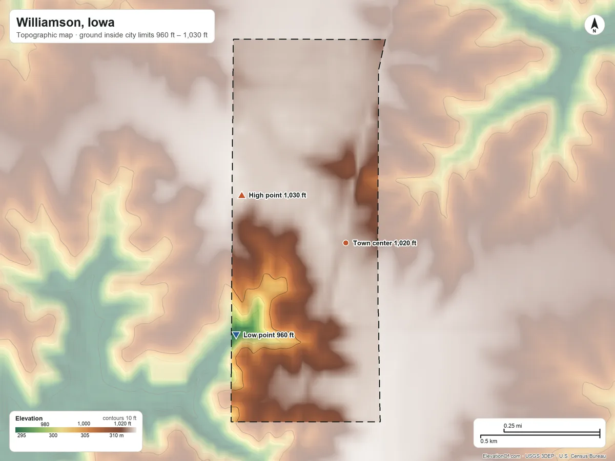 Topographic elevation map of Williamson, Iowa, shaded from 960 ft on the southwest side to 1,030 ft on the northwest side