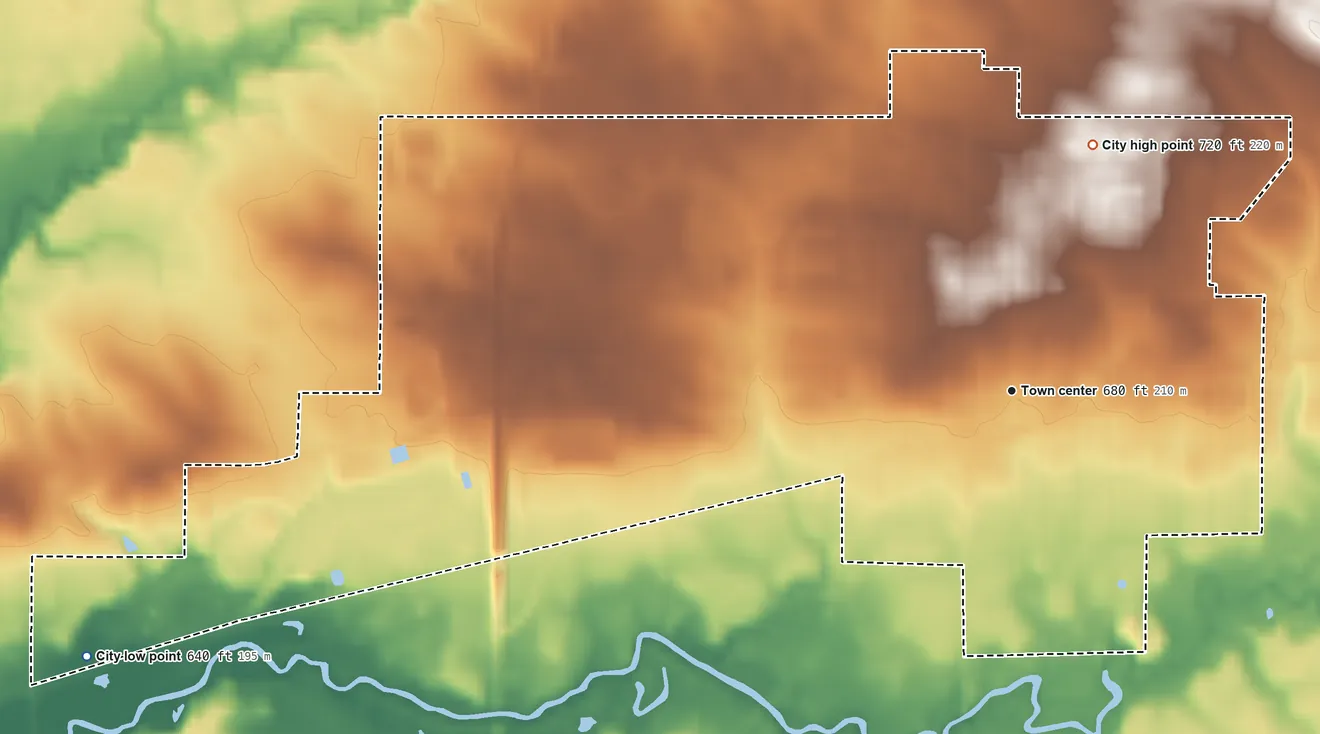 Topographic elevation map of Wilton, Iowa, shaded from 640 ft on the west side to 720 ft on the north side