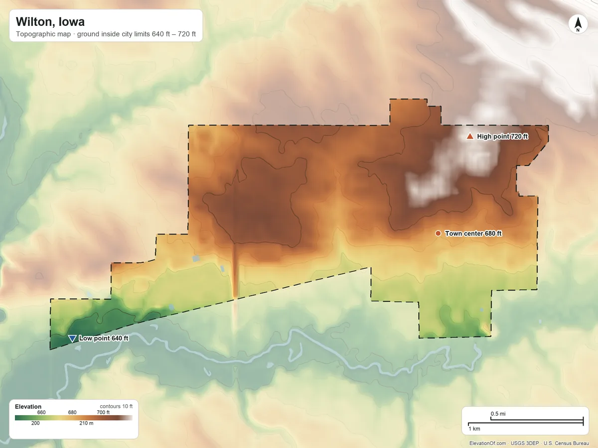 Topographic elevation map of Wilton, Iowa, shaded from 640 ft on the west side to 720 ft on the north side