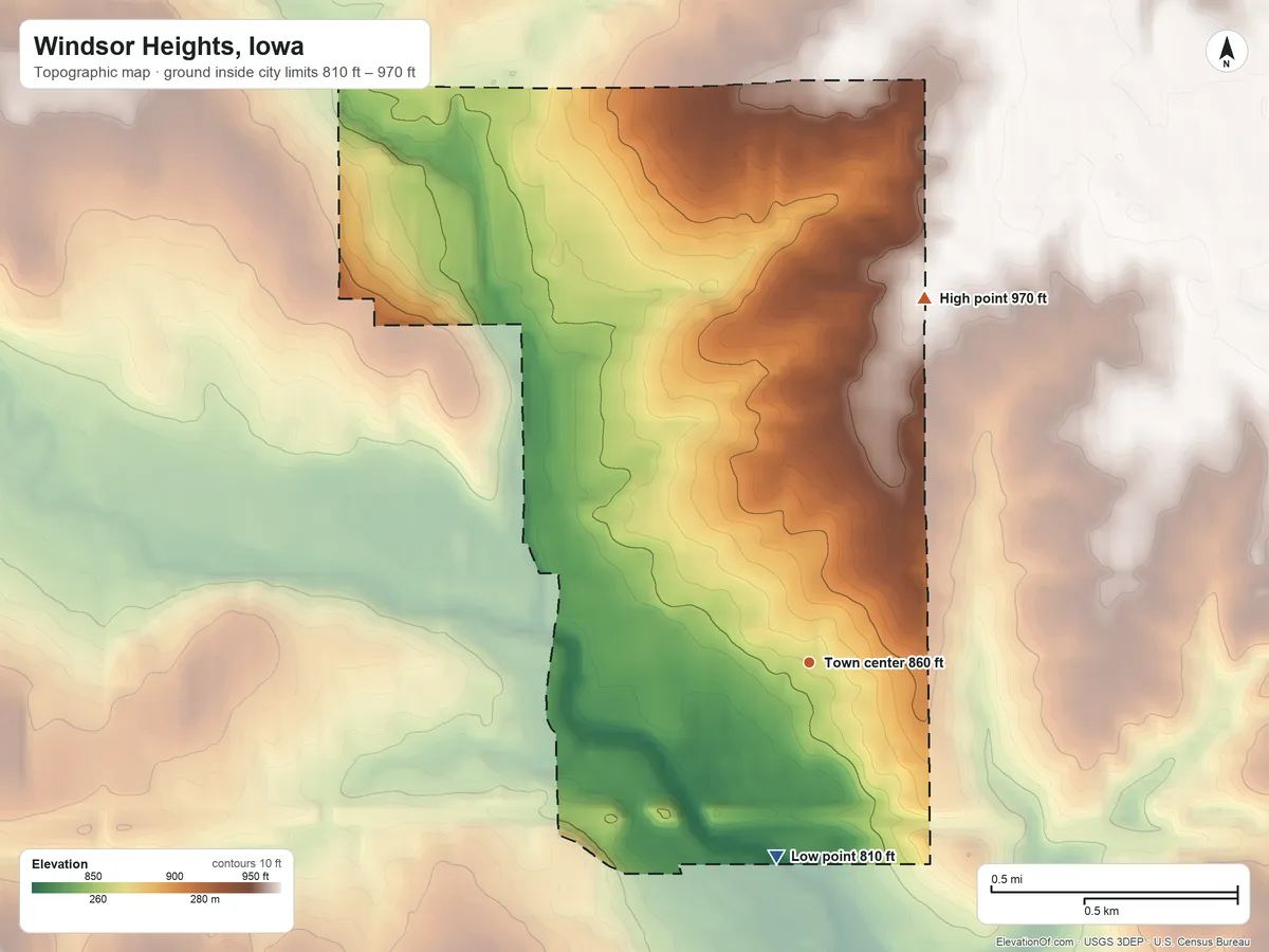 Topographic elevation map of Windsor Heights, Iowa, shaded from 810 ft on the south side to 970 ft on the north side