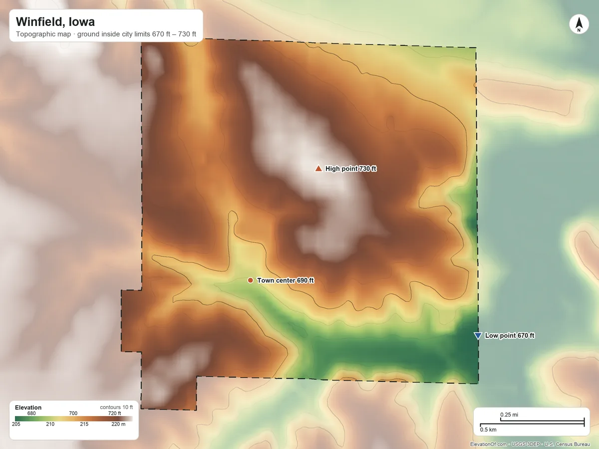 Topographic elevation map of Winfield, Iowa, shaded from 670 ft on the east side to 730 ft on the northeast side