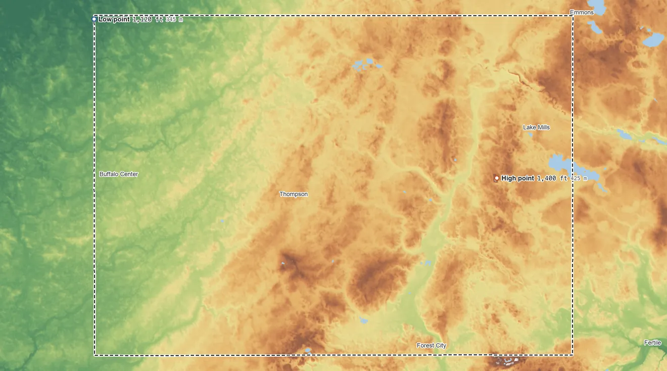 Topographic elevation map of Winnebago County, Iowa, shaded from 1,120 ft on the northwest side to 1,400 ft on the east side