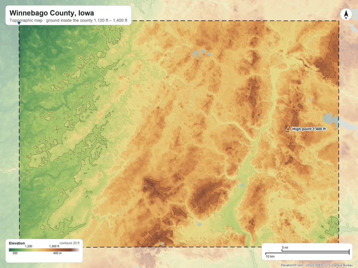Topographic elevation map of Winnebago County, Iowa, shaded from 1,120 ft on the northwest side to 1,400 ft on the east side