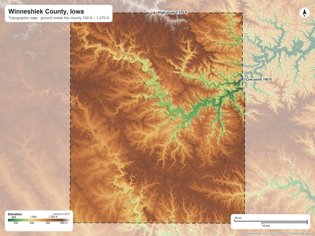 Topographic elevation map of Winneshiek County, Iowa, shaded from 740 ft on the northeast side to 1,370 ft on the north side