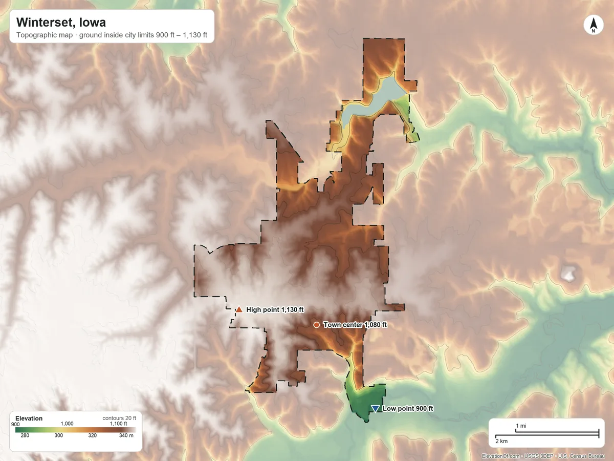 Topographic elevation map of Winterset, Iowa, shaded from 900 ft on the southeast side to 1,130 ft on the west side