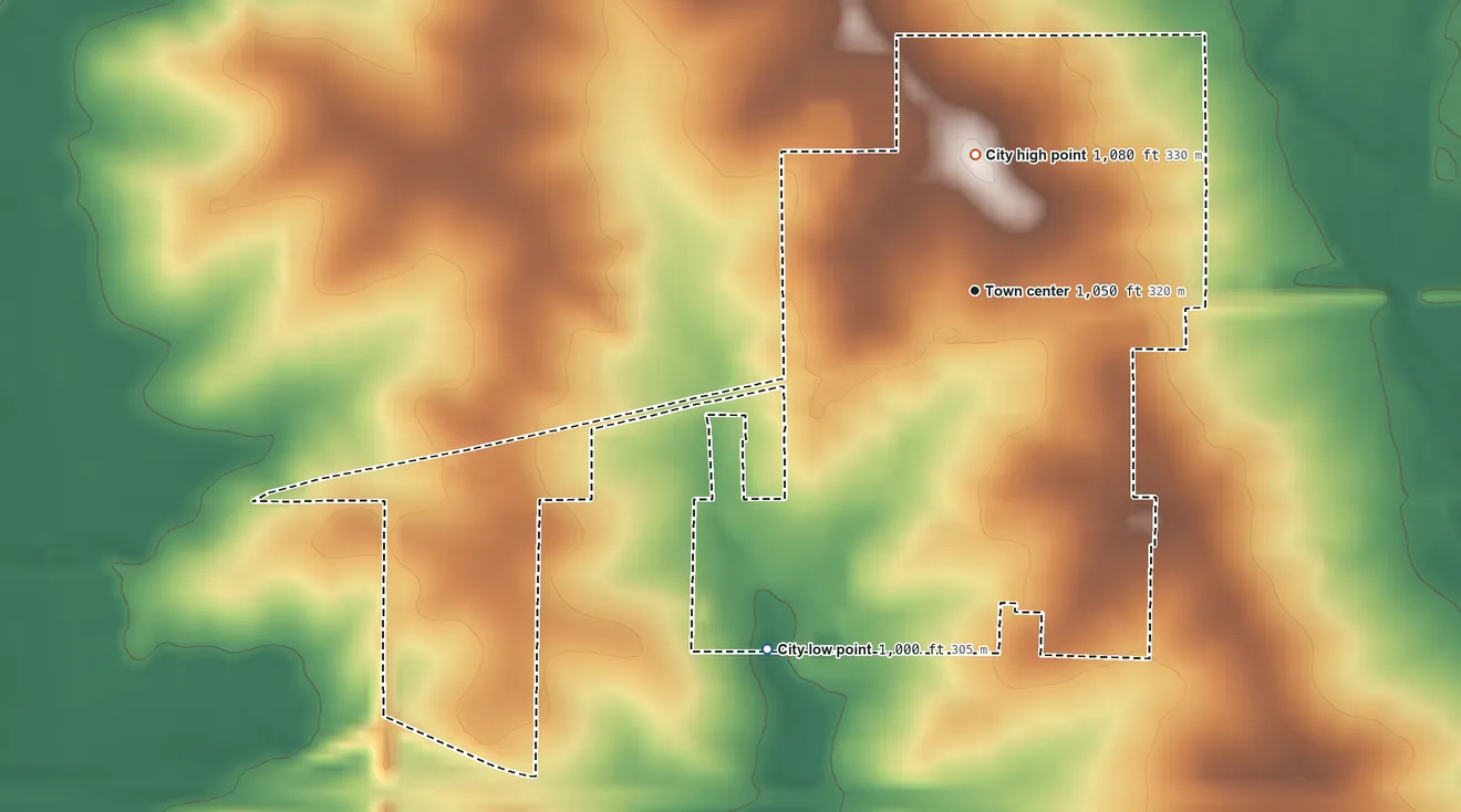 Topographic elevation map of Winthrop, Iowa, shaded from 1,000 ft on the southwest side to 1,080 ft on the north side