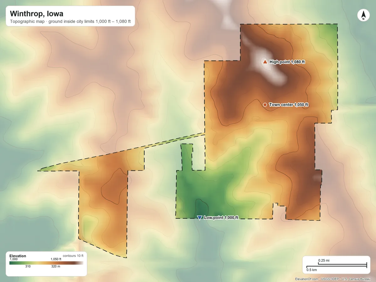 Topographic elevation map of Winthrop, Iowa, shaded from 1,000 ft on the southwest side to 1,080 ft on the north side