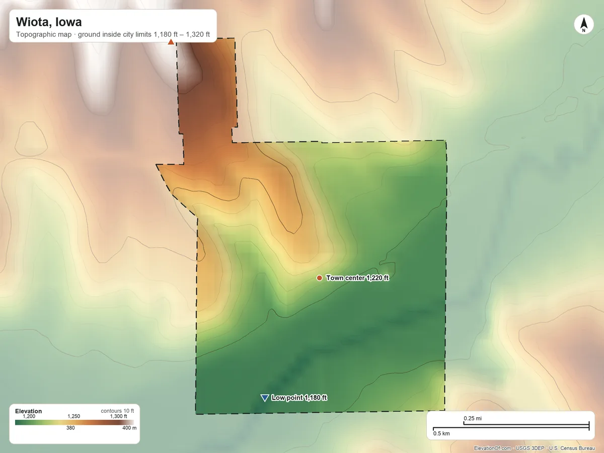 Topographic elevation map of Wiota, Iowa, shaded from 1,180 ft on the southwest side to 1,320 ft on the northwest side