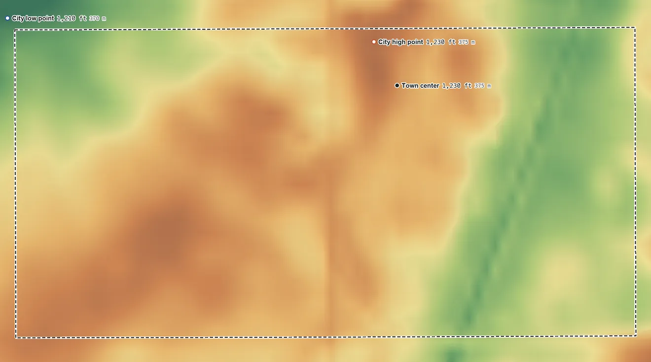 Topographic elevation map of Woden, Iowa, shaded from 1,210 ft on the west side to 1,230 ft near the middle