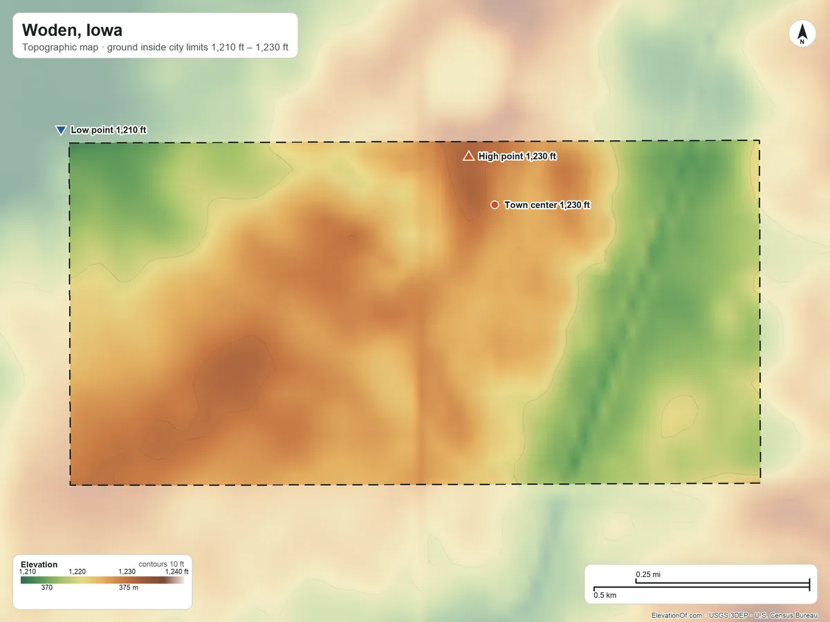 Topographic elevation map of Woden, Iowa, shaded from 1,210 ft on the west side to 1,230 ft near the middle