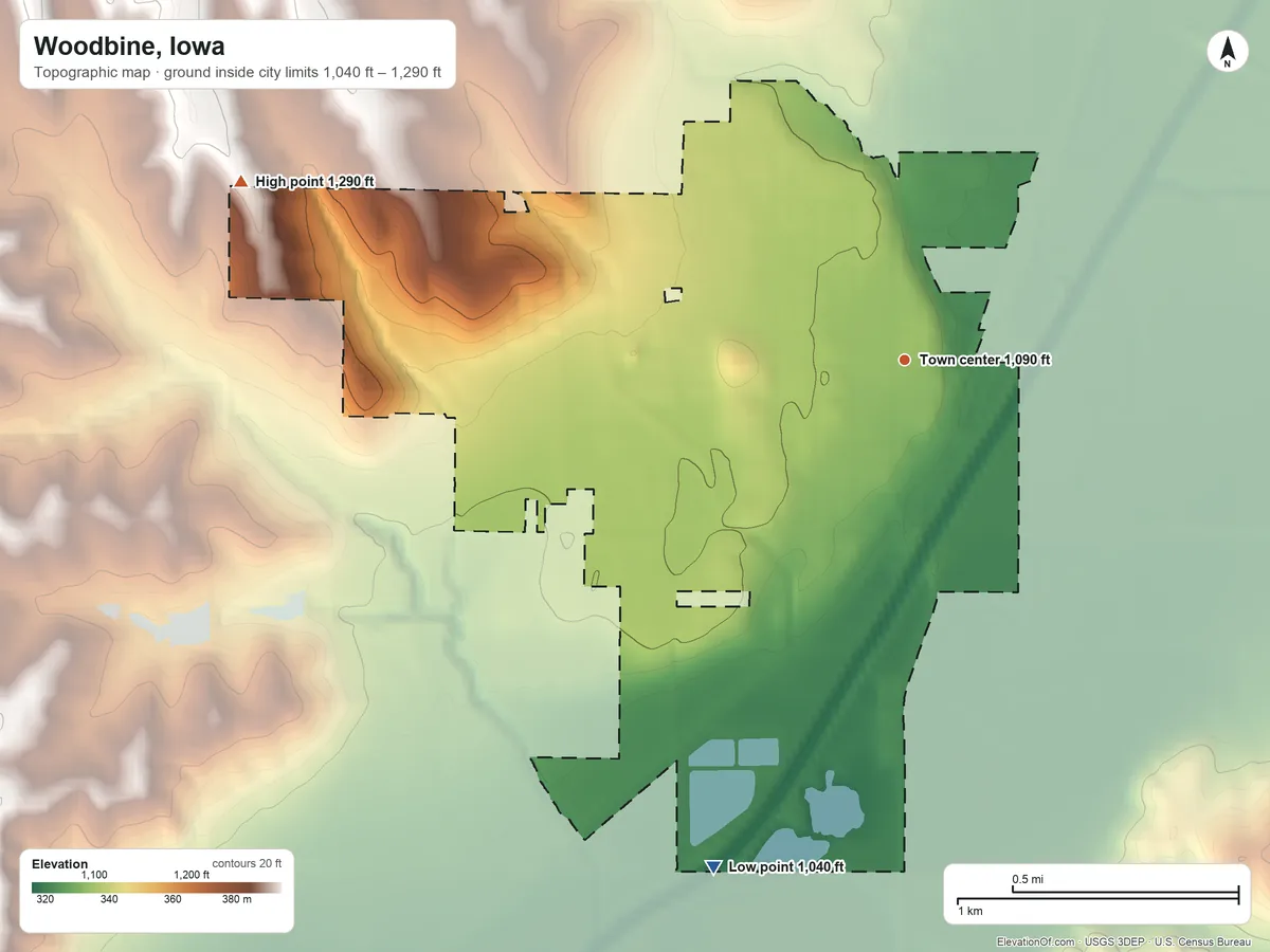 Topographic elevation map of Woodbine, Iowa, shaded from 1,040 ft on the south side to 1,290 ft on the west side