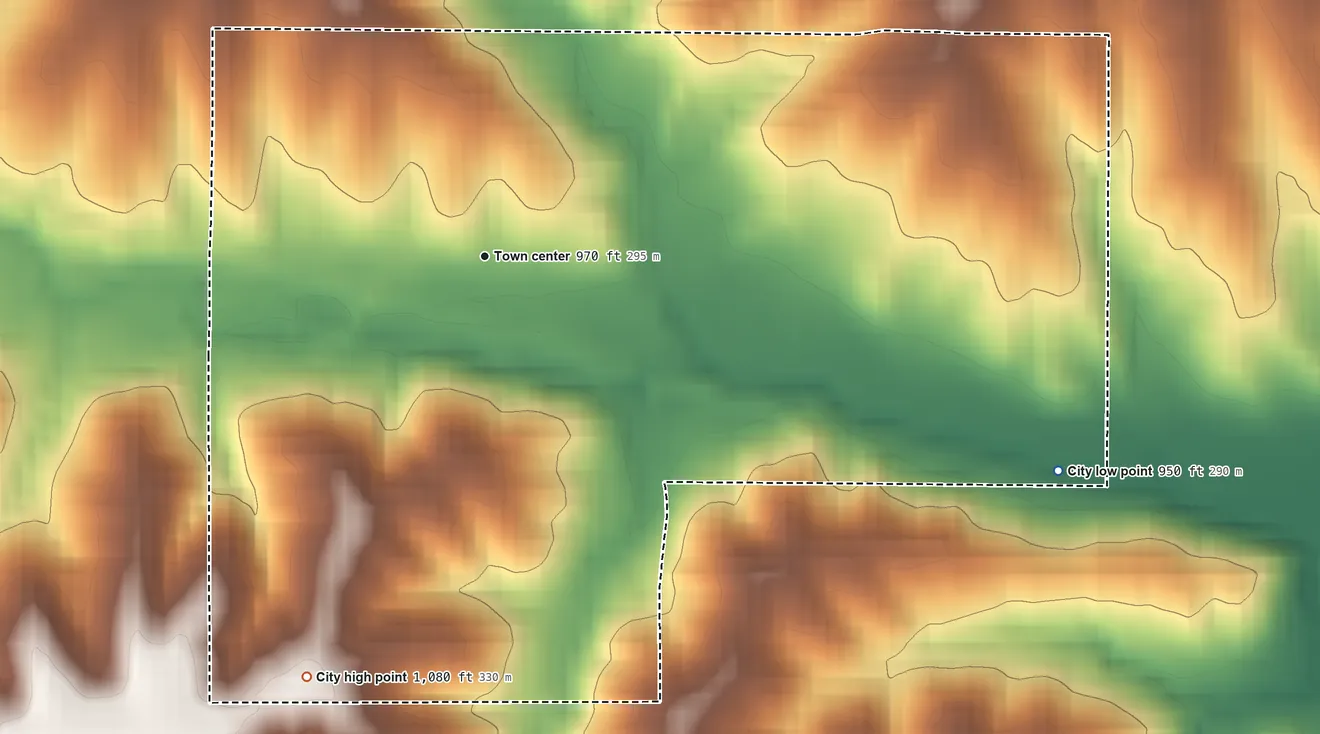 Topographic elevation map of Woodburn, Iowa, shaded from 950 ft on the east side to 1,080 ft on the southwest side