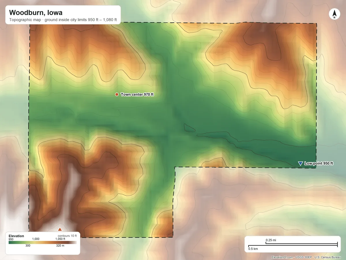 Topographic elevation map of Woodburn, Iowa, shaded from 950 ft on the east side to 1,080 ft on the southwest side