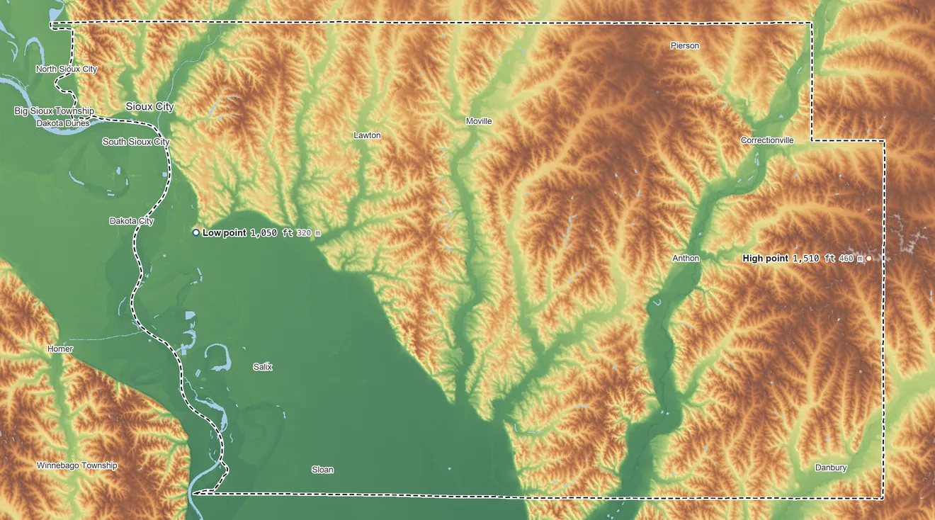 Topographic elevation map of Woodbury County, Iowa, shaded from 1,050 ft on the west side to 1,510 ft on the east side