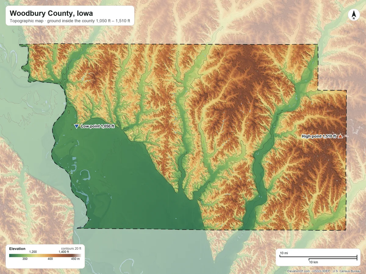 Topographic elevation map of Woodbury County, Iowa, shaded from 1,050 ft on the west side to 1,510 ft on the east side