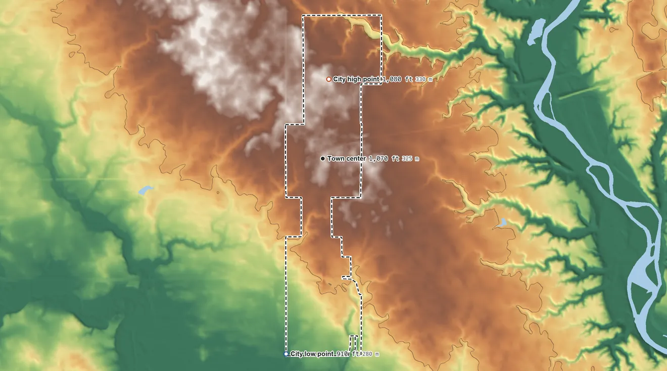 Topographic elevation map of Woodward, Iowa, shaded from 910 ft on the south side to 1,080 ft on the north side