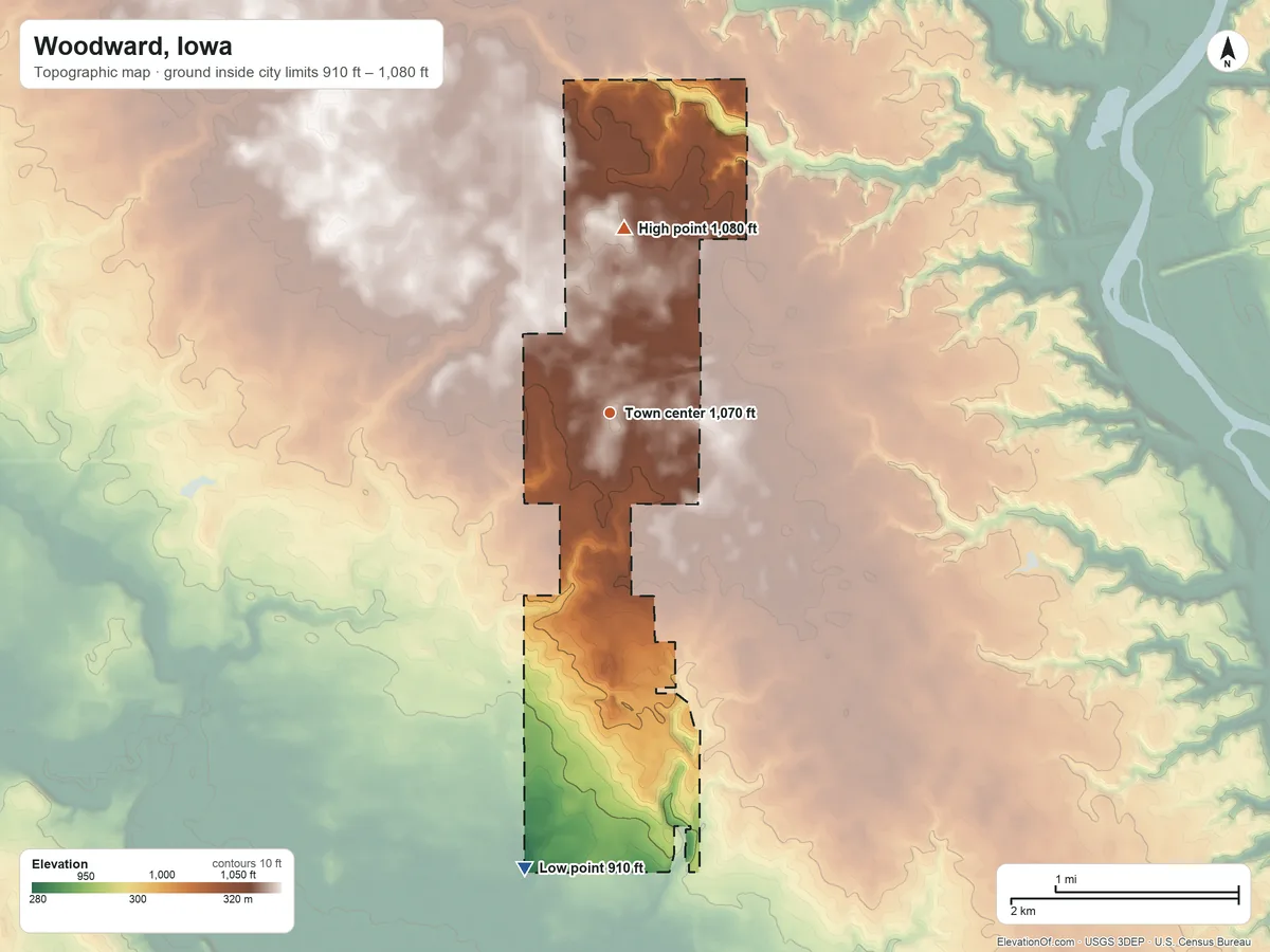 Topographic elevation map of Woodward, Iowa, shaded from 910 ft on the south side to 1,080 ft on the north side