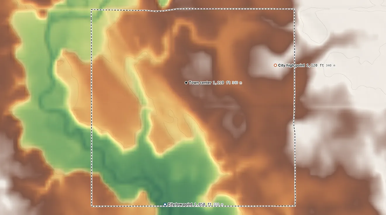 Topographic elevation map of Woolstock, Iowa, shaded from 1,050 ft on the south side to 1,120 ft on the east side