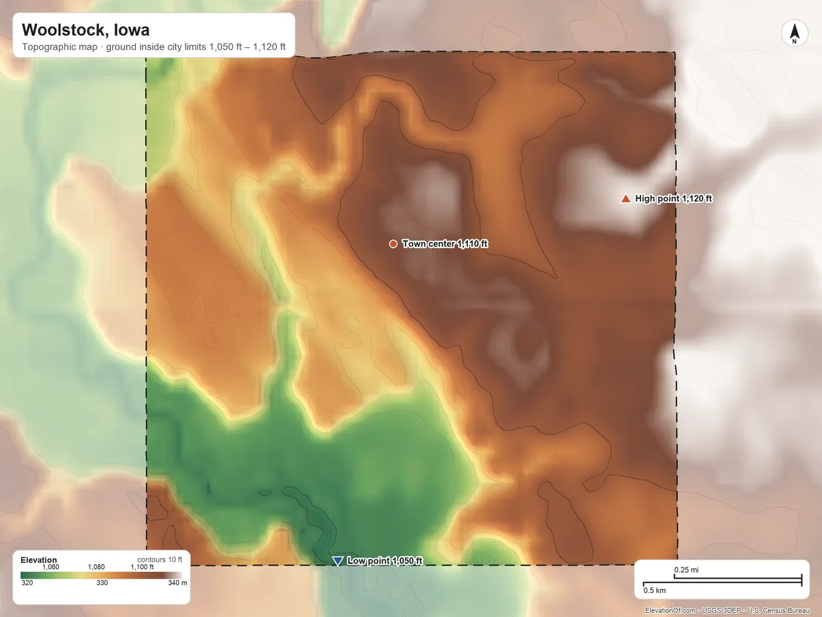 Topographic elevation map of Woolstock, Iowa, shaded from 1,050 ft on the south side to 1,120 ft on the east side
