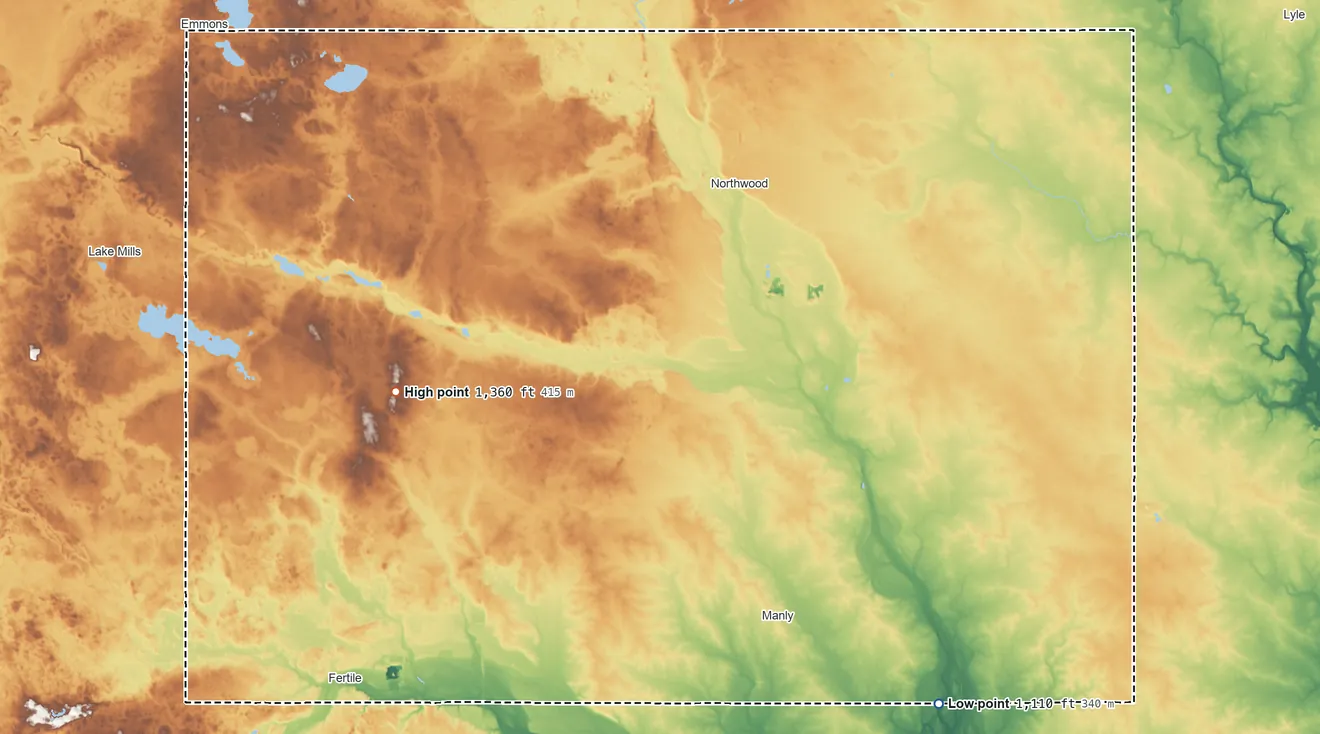 Topographic elevation map of Worth County, Iowa, shaded from 1,110 ft on the southeast side to 1,360 ft on the west side