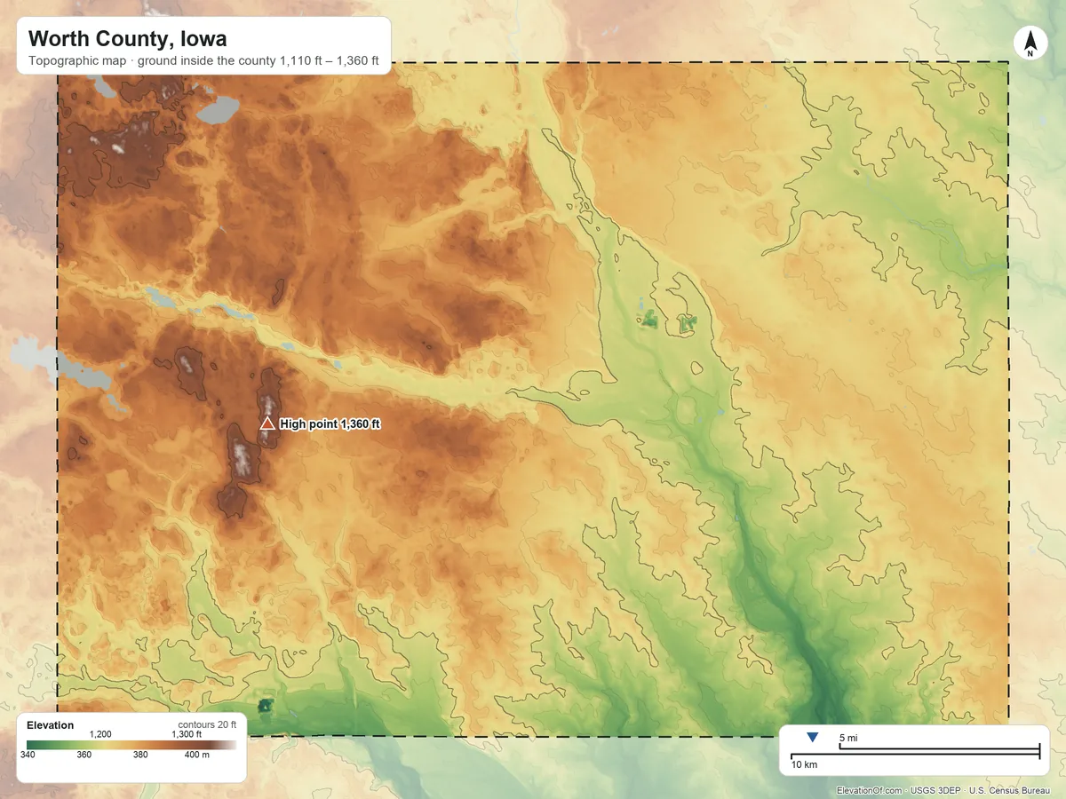 Topographic elevation map of Worth County, Iowa, shaded from 1,110 ft on the southeast side to 1,360 ft on the west side