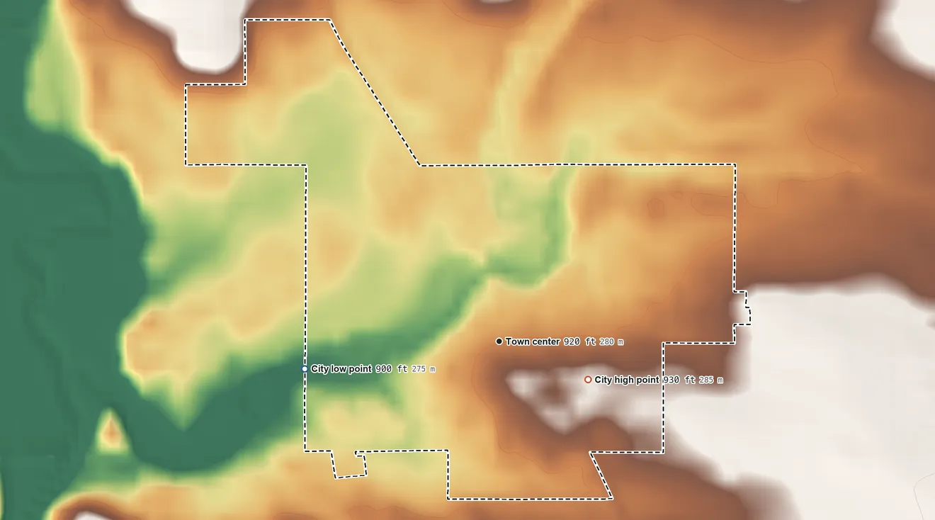 Topographic elevation map of Worthington, Iowa, shaded from 900 ft on the west side to 930 ft on the southeast side