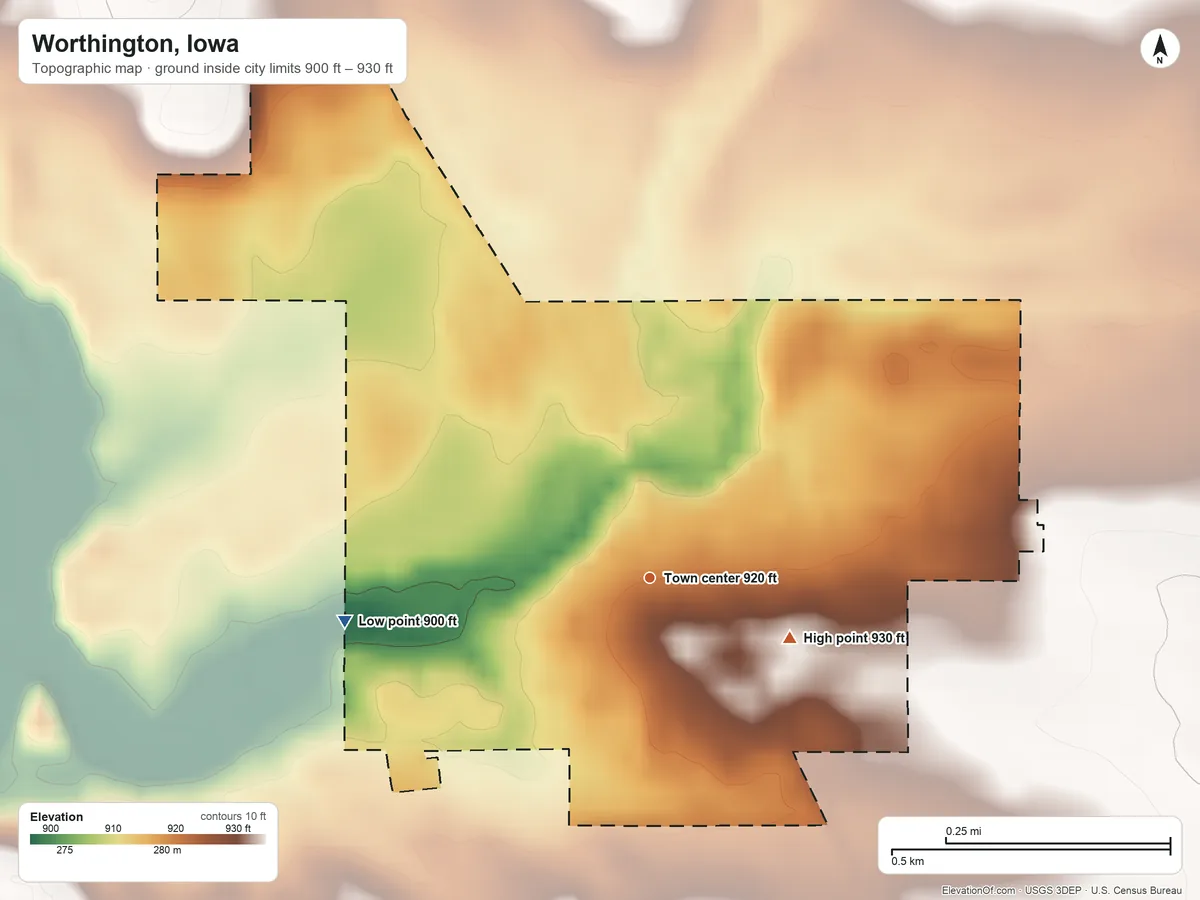 Topographic elevation map of Worthington, Iowa, shaded from 900 ft on the west side to 930 ft on the southeast side