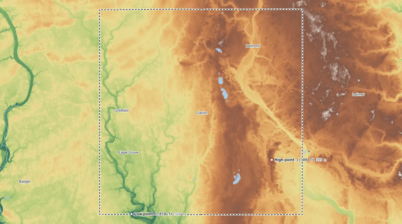 Topographic elevation map of Wright County, Iowa, shaded from 1,050 ft on the southwest side to 1,300 ft on the southeast side