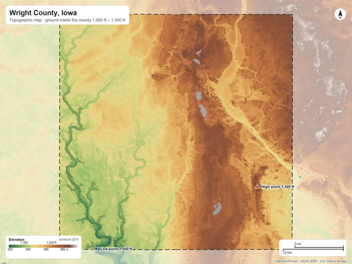 Topographic elevation map of Wright County, Iowa, shaded from 1,050 ft on the southwest side to 1,300 ft on the southeast side