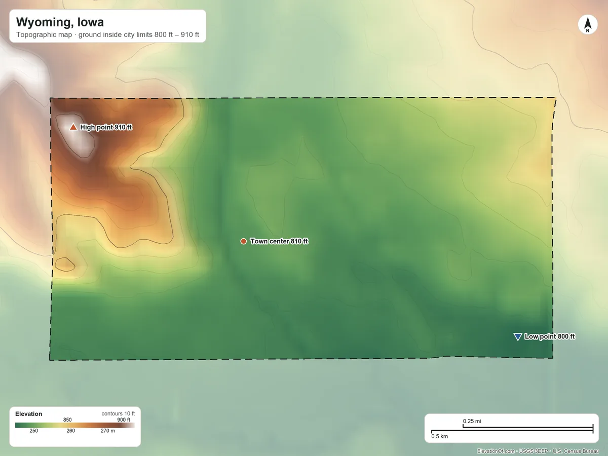 Topographic elevation map of Wyoming, Iowa, shaded from 800 ft on the east side to 910 ft on the northwest side