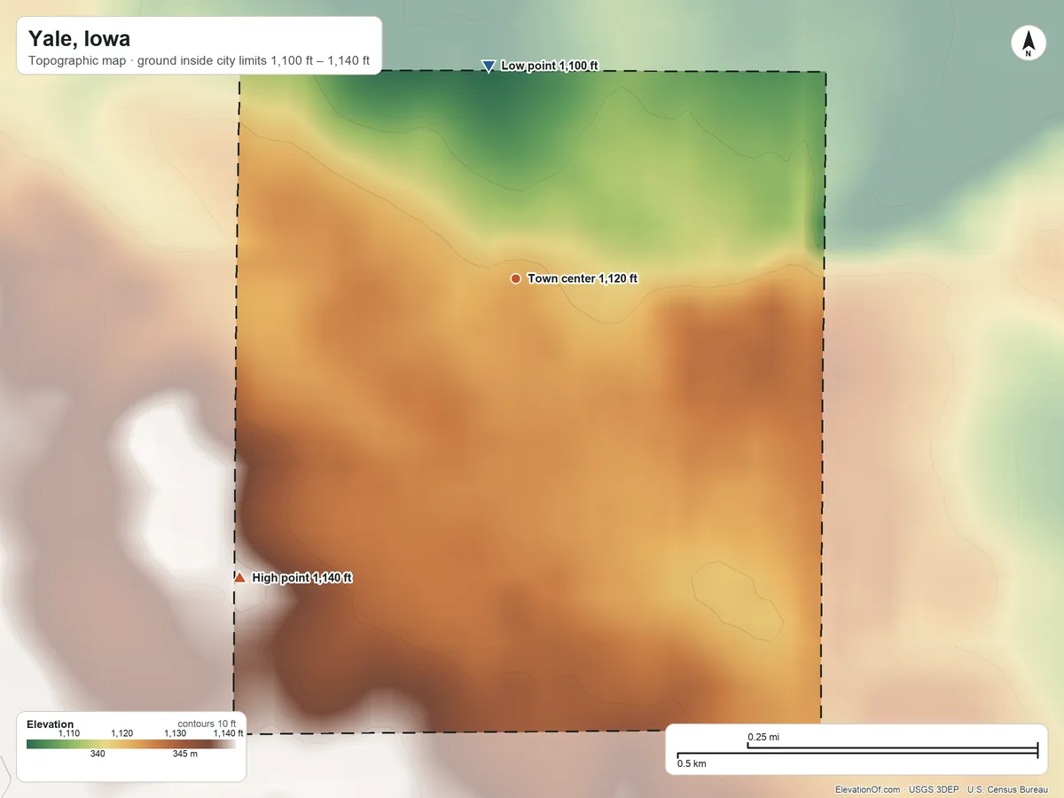 Topographic elevation map of Yale, Iowa, shaded from 1,100 ft on the north side to 1,140 ft on the southwest side