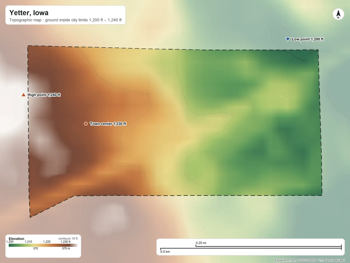 Topographic elevation map of Yetter, Iowa, shaded from 1,200 ft on the northeast side to 1,240 ft on the northwest side