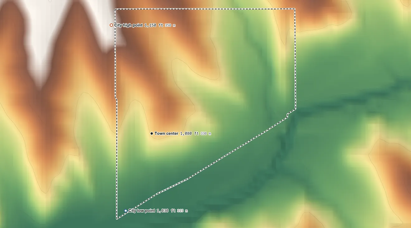 Topographic elevation map of Yorktown, Iowa, shaded from 1,030 ft on the south side to 1,150 ft on the north side