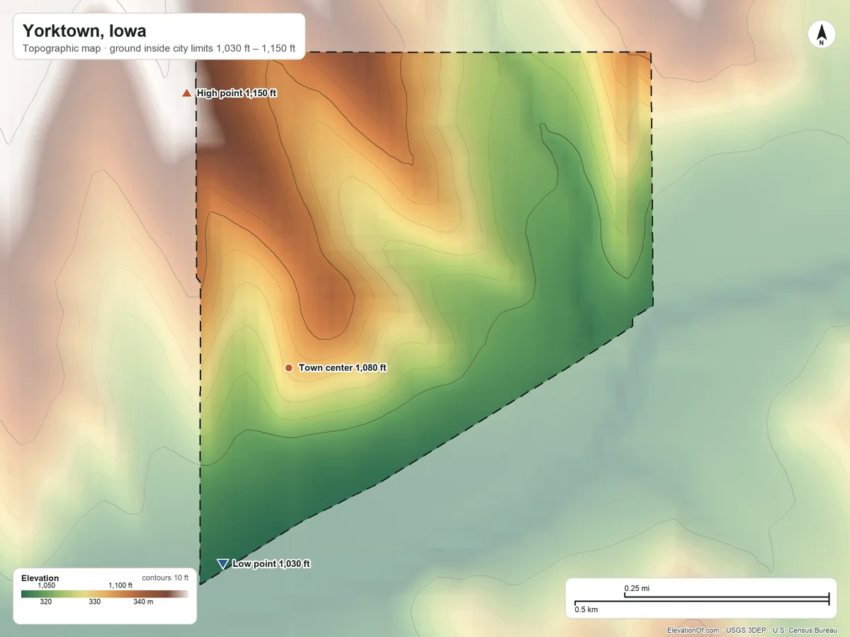 Topographic elevation map of Yorktown, Iowa, shaded from 1,030 ft on the south side to 1,150 ft on the north side